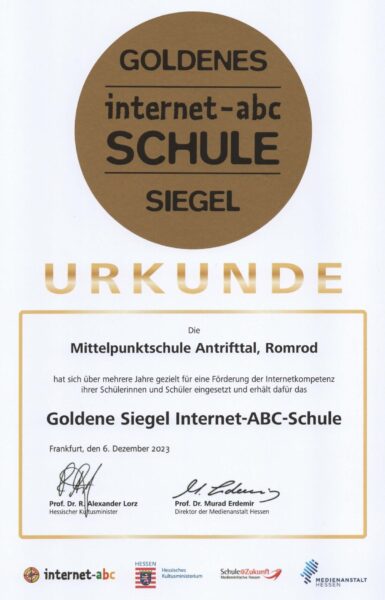 2023-12 - MPS erhält Gold-Siegel für Internetkompetenz-Förderung - Urkunde