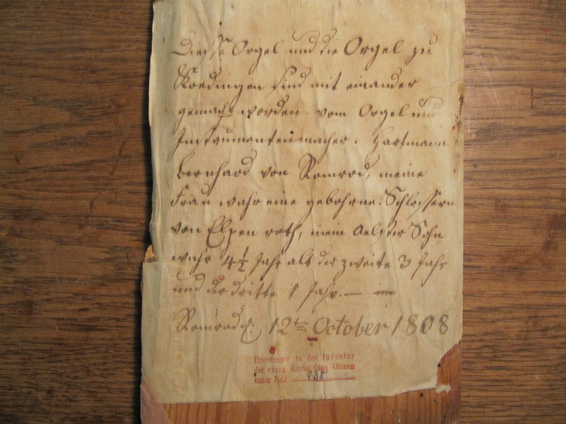 Schriftstück vom Orgelbauer Bernhard aus Romrod, gefunden in der Orgel in Ober-Ohmen